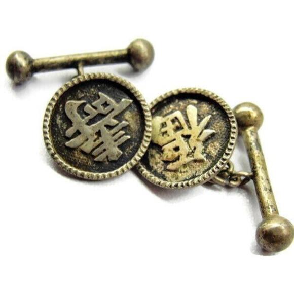 Chain Link Oriental Chinese Cufflinks Vtg Sterling Silver 925 Patina Hallmarked - Picture 3 of 8